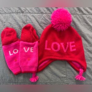 Old Navy LOVE Red and Pink Winter Hat and Gloves Set
